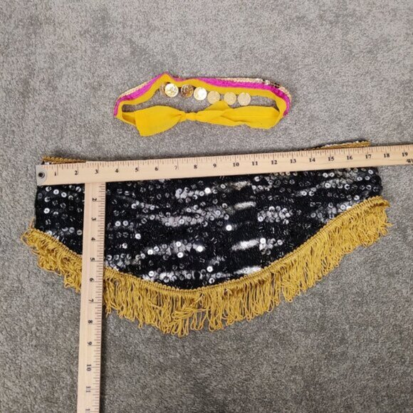 Women\'s Dance Belt Black Sequins Gold Fringes And Pink Gold Coin Sequins Arm Tie